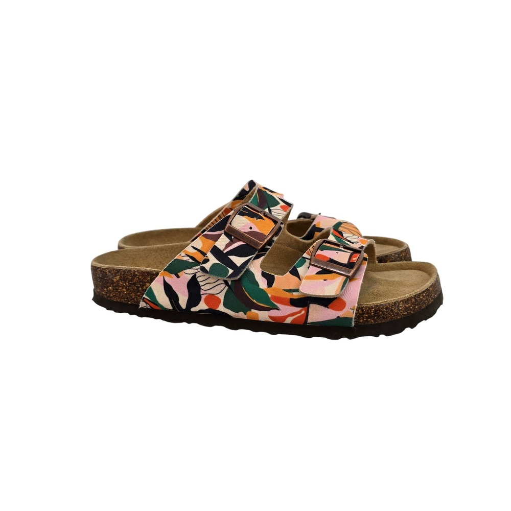 Viking Sandals Floral Botanical Print Double Buckle Cork Slide Sandals Size 37